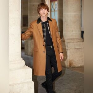 NEW - The Kooples Black Leather Collar Camel Long Wool Coat - XS $675